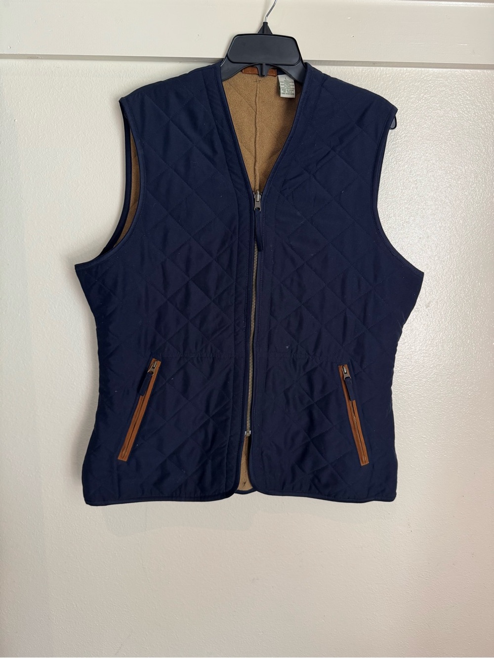 Orvis Quilted Fleece Lined Vest Navy Blue Tan Full Zip Outdoor Fishing Large